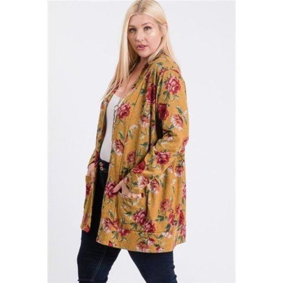 Mustard Yellow Flower Print Pocket Flower Print Hacci Cardigan - Picture 3 of 7